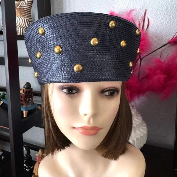 Vintage Navy Blue and Gold Studded Women's Hat - Picture 9 of 9